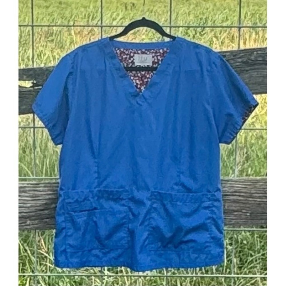 Beverly Hills Uniforms Royal Blue V-Neck Scrub Top Large Floral Trim Pockets